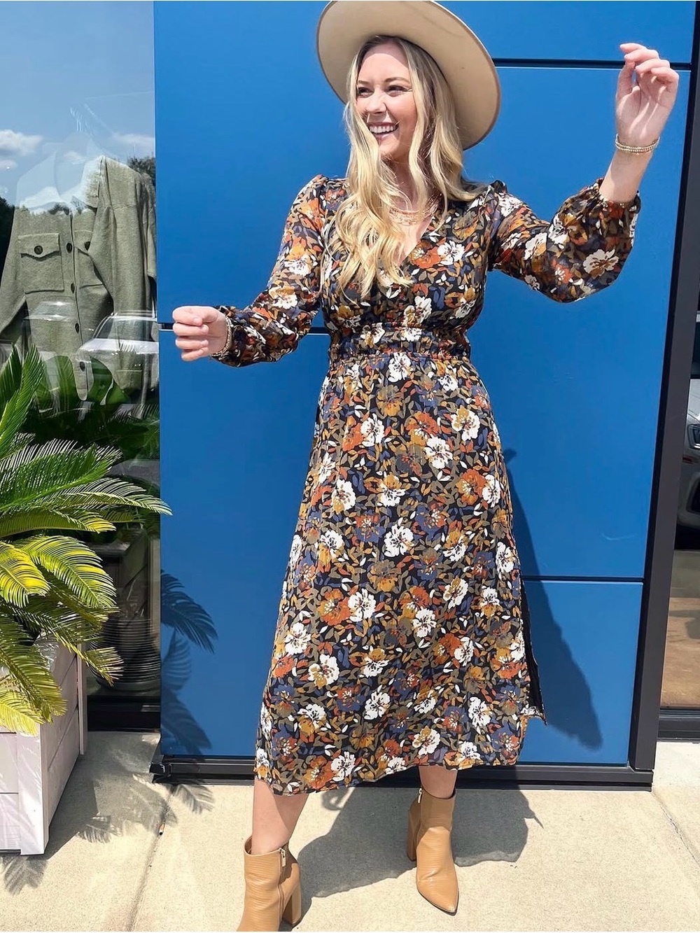 Sadie & Sage Navy Floral Midi Dress with Rust and Cream Accents